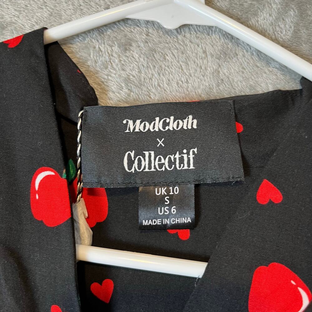 Modcloth X Collectif Gwendolyn Love Apples Tea Dress Size‎ Small Black Red New - Picture 6 of 9
